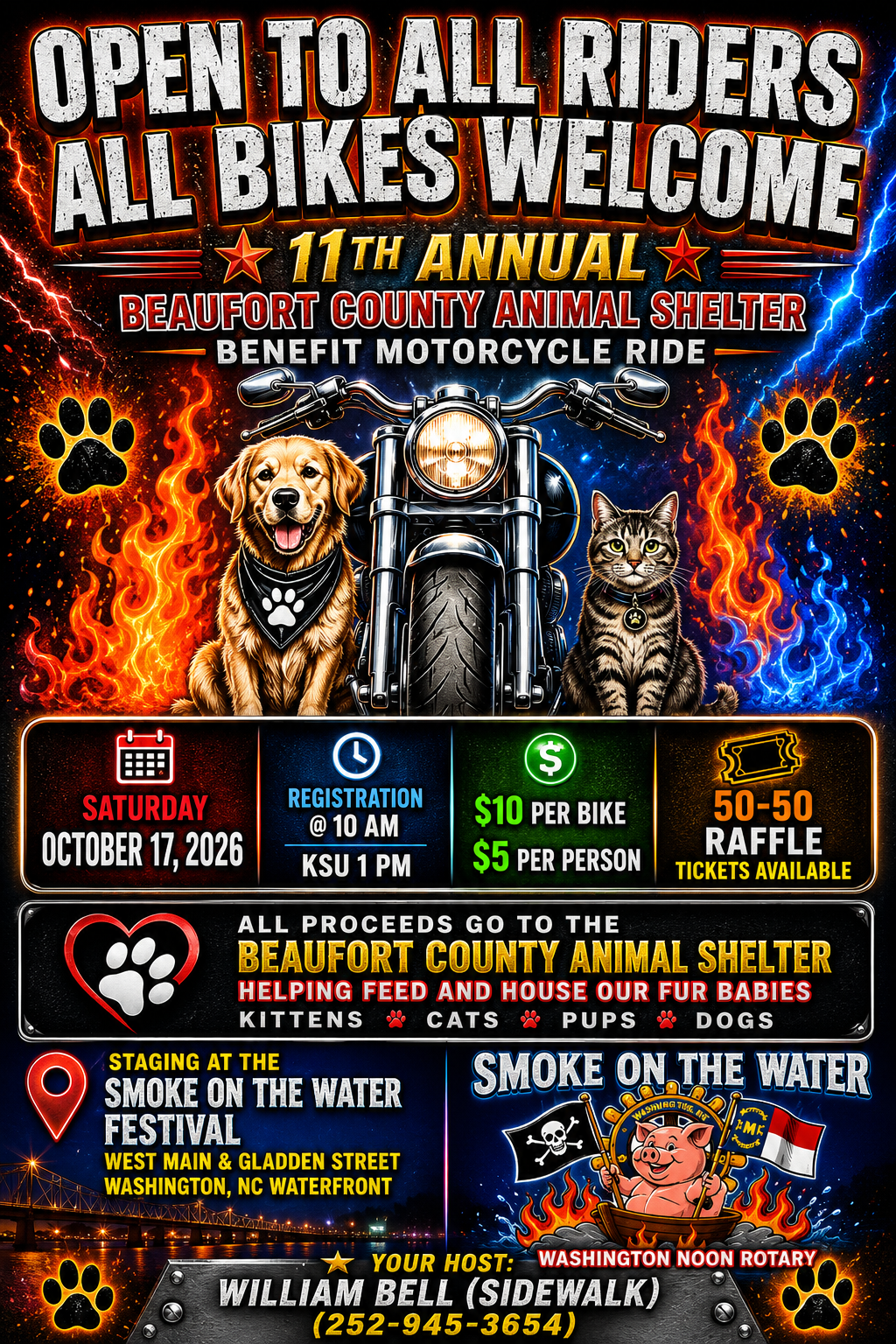 Full 11th Annual Beaufort County Animal Shelter Benefit Motorcycle Ride flyer for October 17, 2026