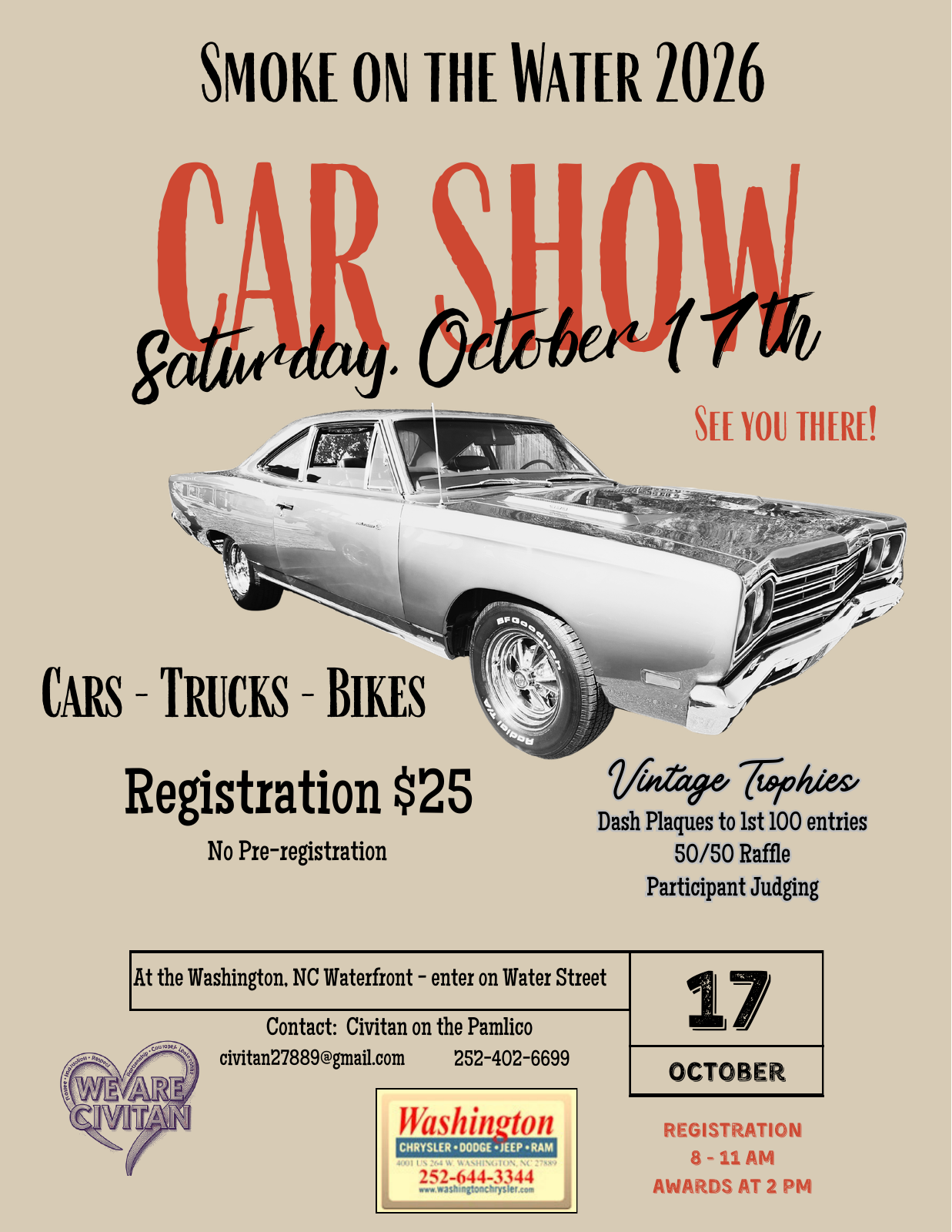 Full Smoke on the Water 2026 Car Show flyer from Civitan on the Pamlico