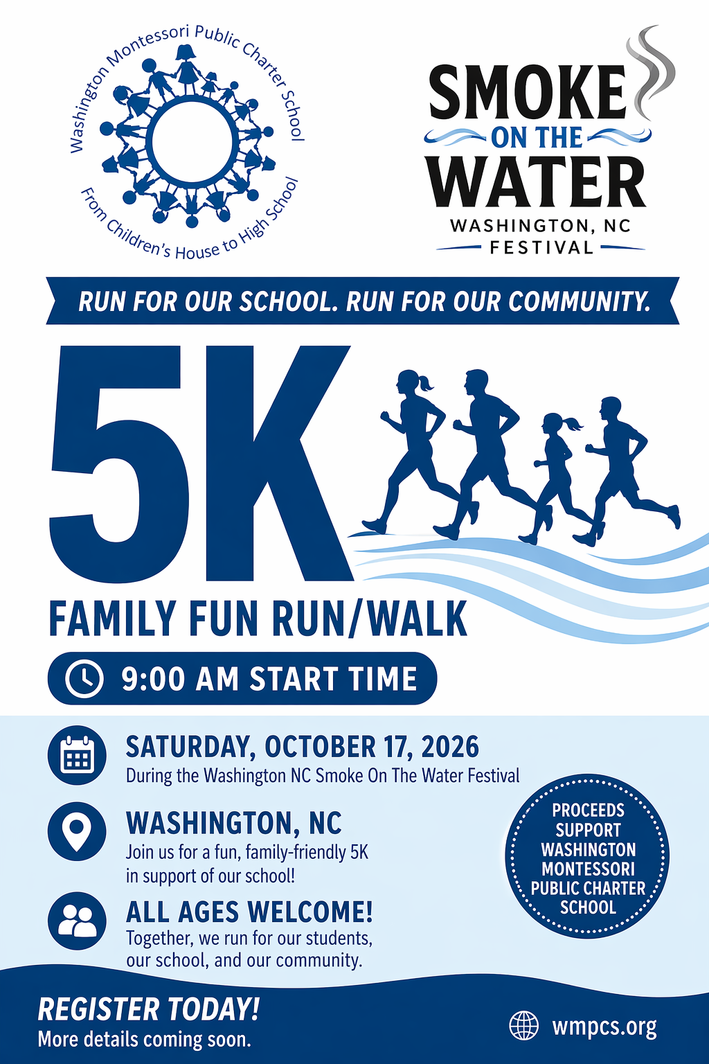 Full Washington Montessori Public Charter School 5K Family Fun Run and Walk flyer for October 17, 2026